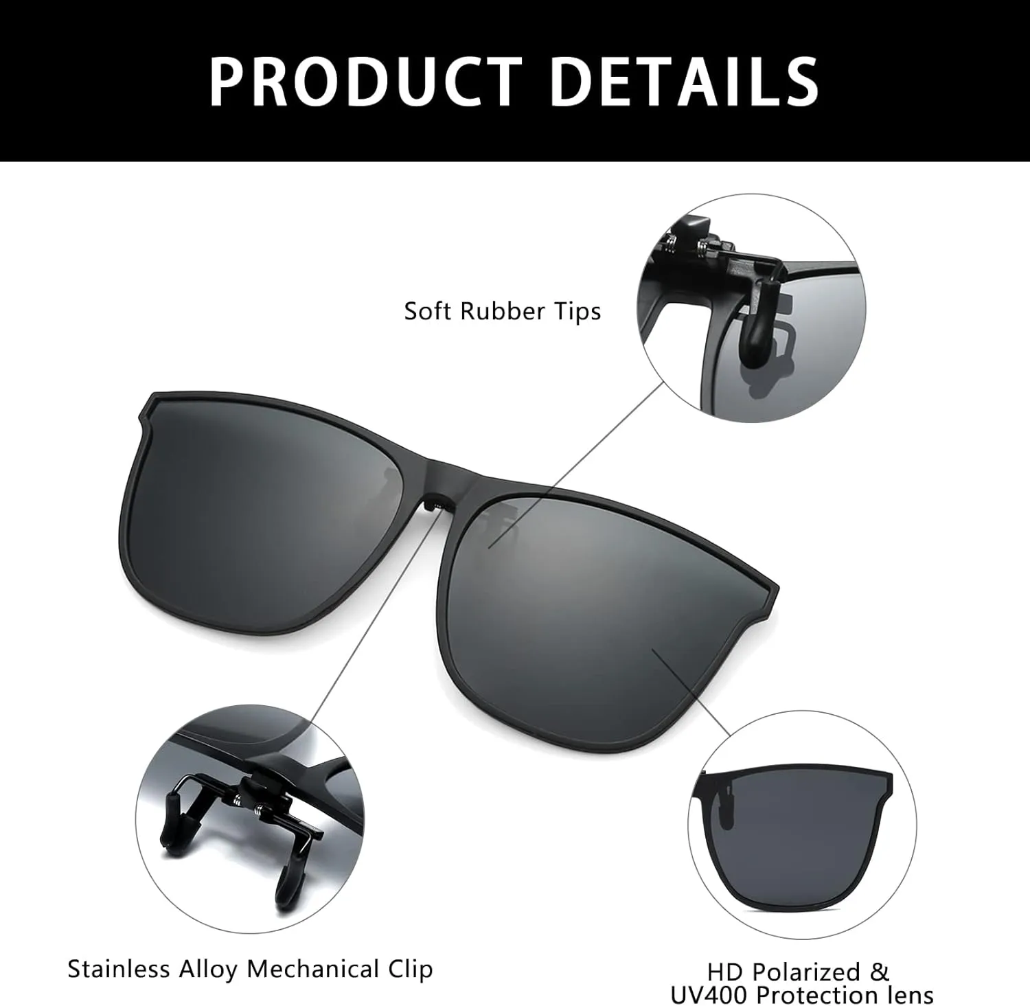 YAMEIZE Polarized Clip-on Sunglasses - Flip Up Anti-Glare UV400 Protection Glasses for Women Men Driving Travelling Fishing
