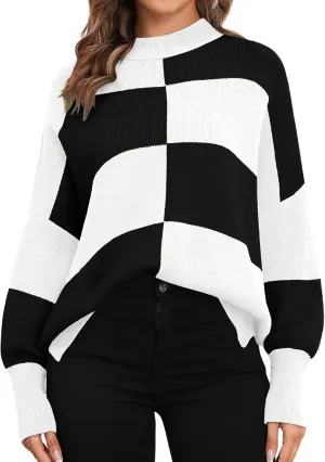 ZAFUL Womens 2024 Trendy Sweater Checkered Oversized Pullover Sweaters Side Slit Cozy Fall Winter Jumper Tops