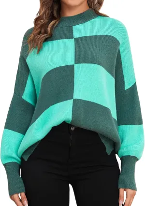 ZAFUL Womens 2024 Trendy Sweater Checkered Oversized Pullover Sweaters Side Slit Cozy Fall Winter Jumper Tops