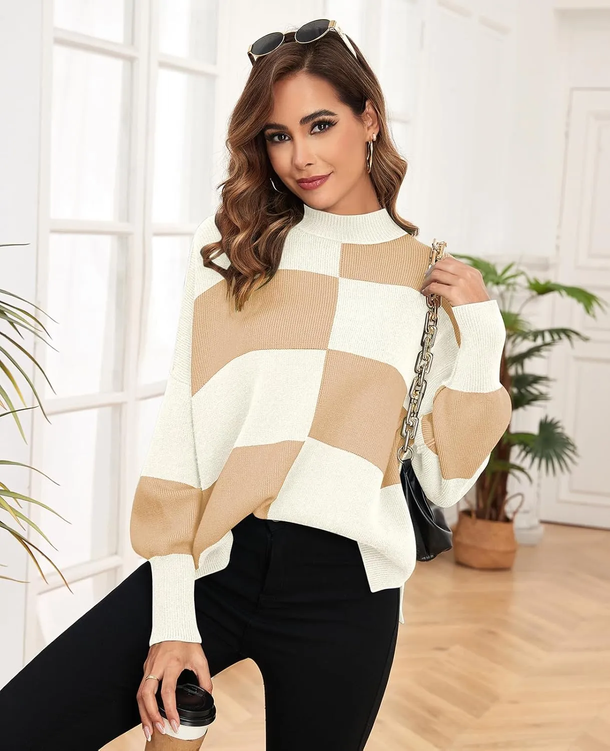 ZAFUL Womens 2024 Trendy Sweater Checkered Oversized Pullover Sweaters Side Slit Cozy Fall Winter Jumper Tops