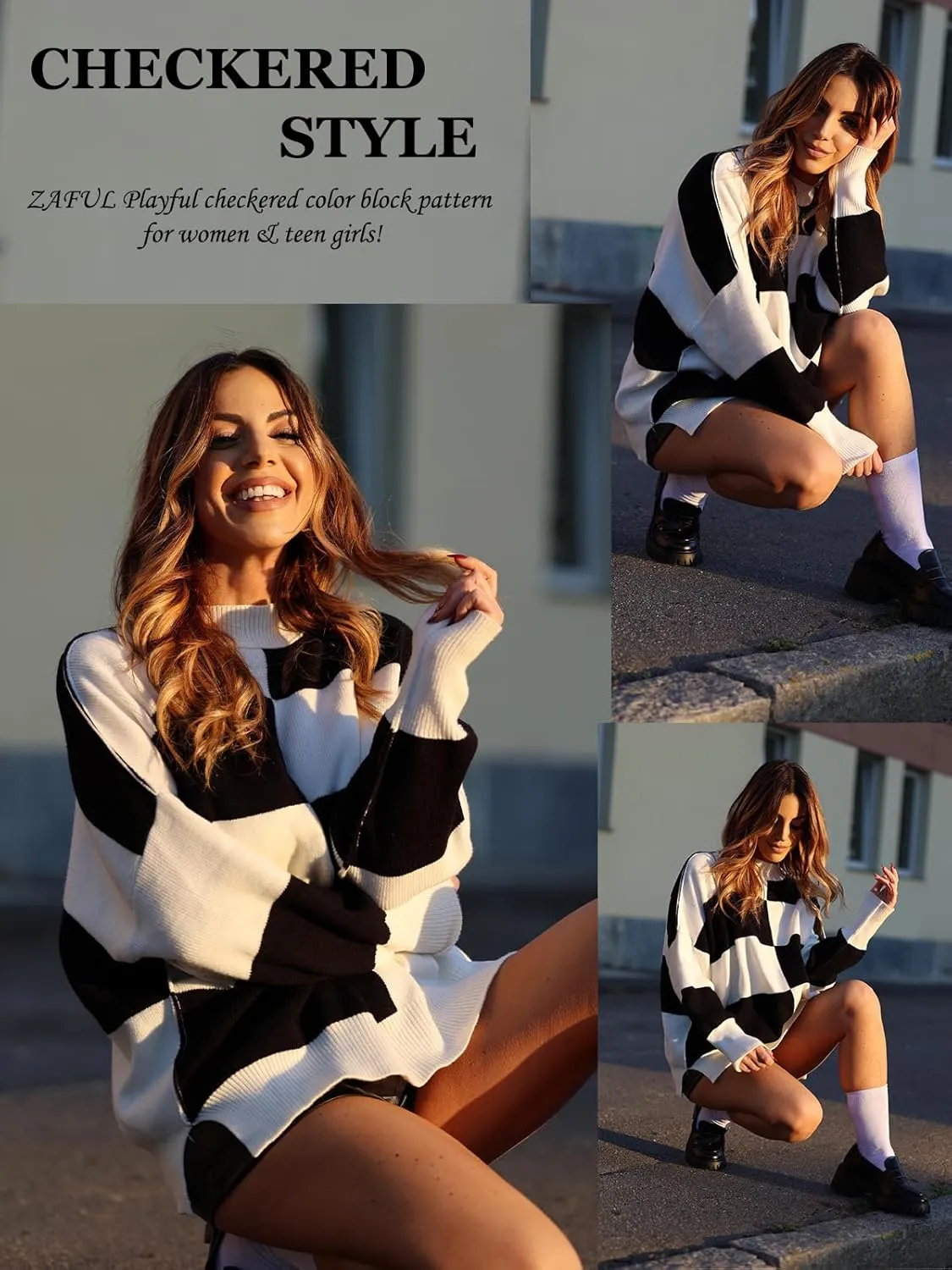 ZAFUL Womens 2024 Trendy Sweater Checkered Oversized Pullover Sweaters Side Slit Cozy Fall Winter Jumper Tops