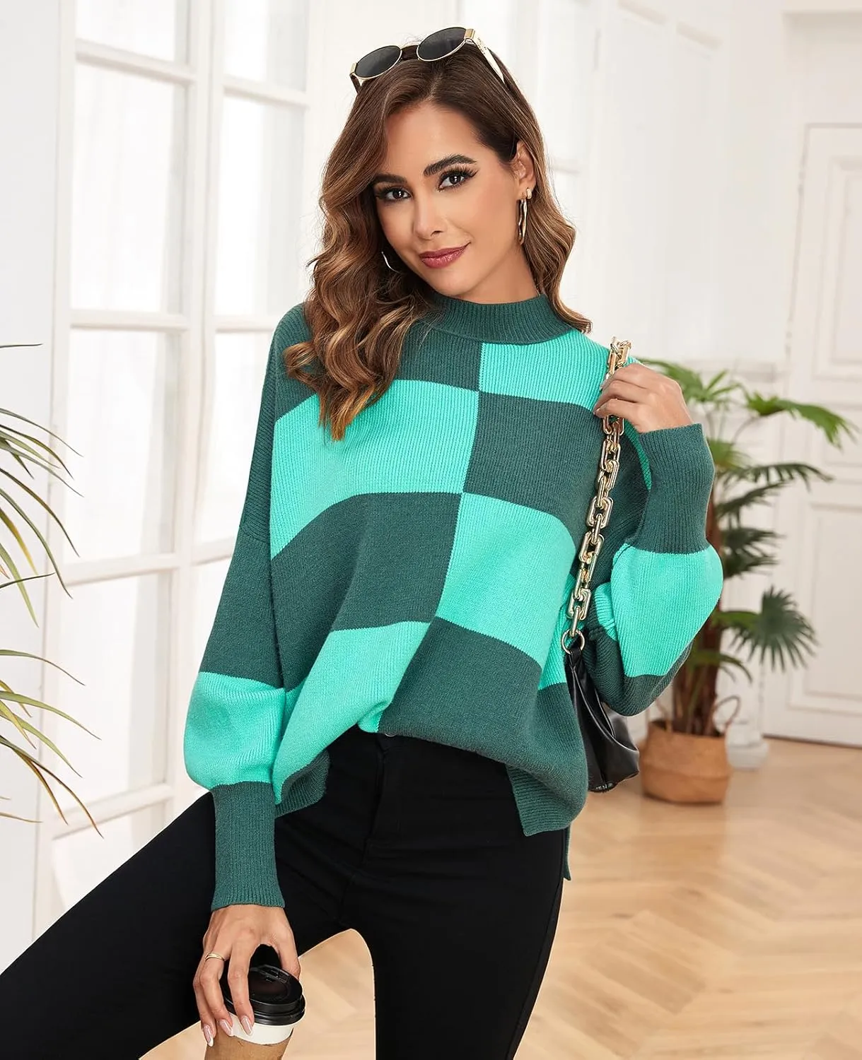 ZAFUL Womens 2024 Trendy Sweater Checkered Oversized Pullover Sweaters Side Slit Cozy Fall Winter Jumper Tops