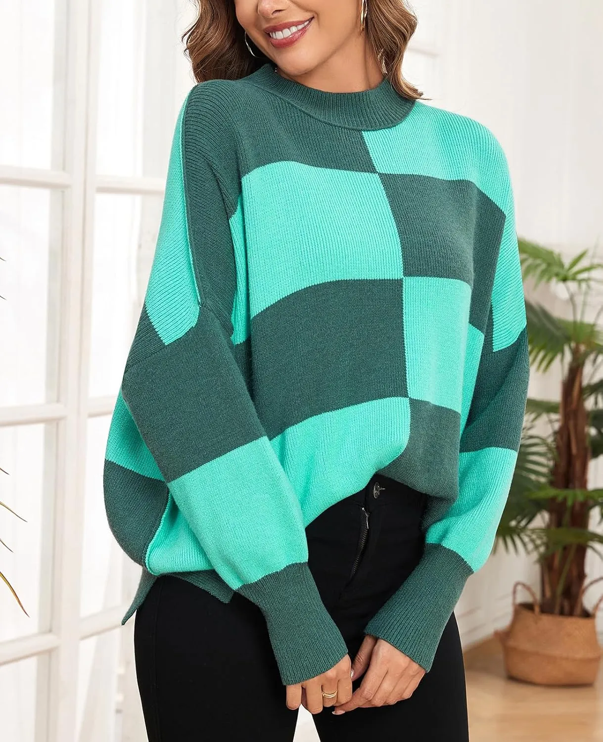 ZAFUL Womens 2024 Trendy Sweater Checkered Oversized Pullover Sweaters Side Slit Cozy Fall Winter Jumper Tops