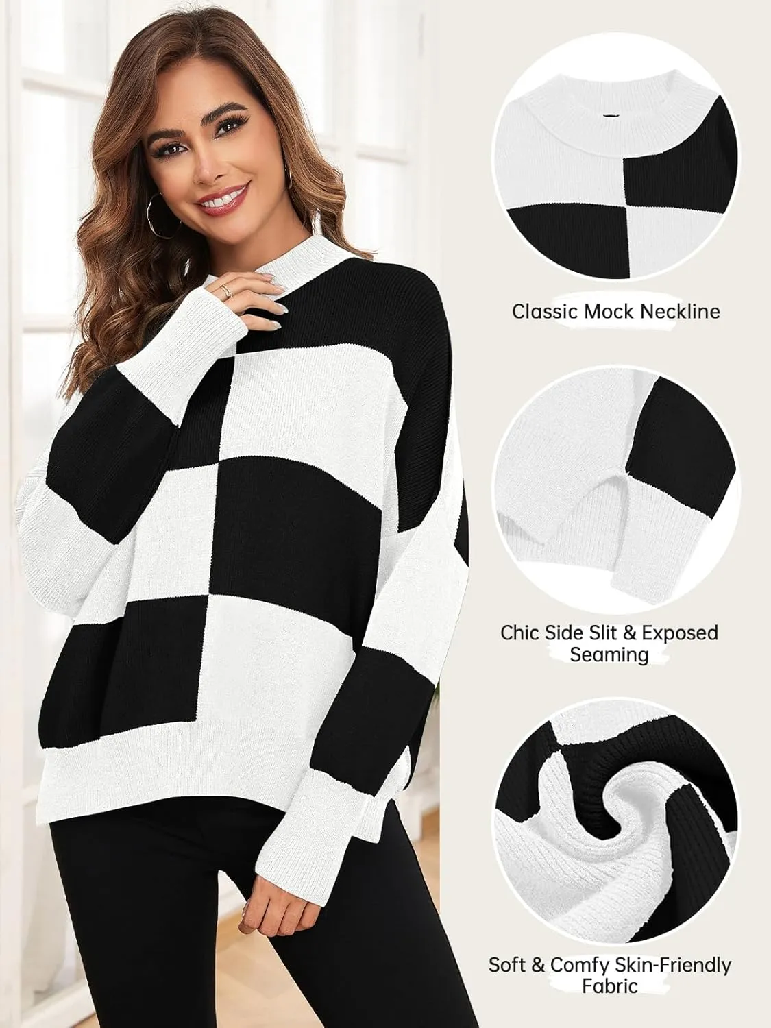 ZAFUL Womens 2024 Trendy Sweater Checkered Oversized Pullover Sweaters Side Slit Cozy Fall Winter Jumper Tops
