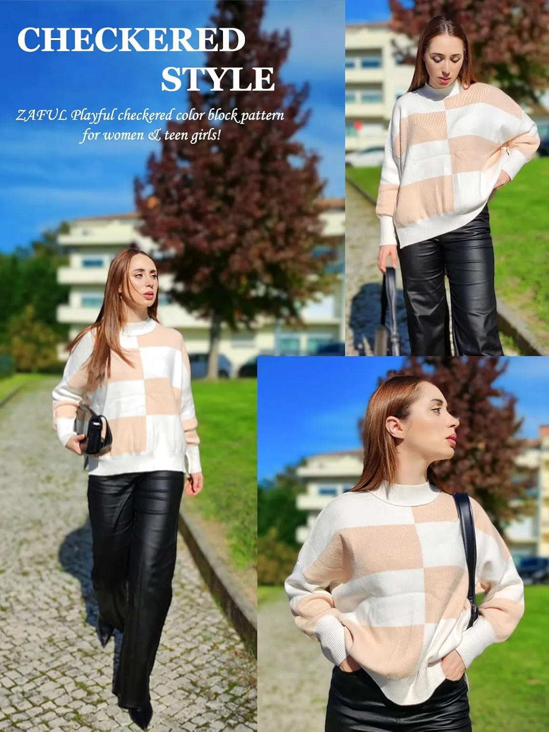 ZAFUL Womens 2024 Trendy Sweater Checkered Oversized Pullover Sweaters Side Slit Cozy Fall Winter Jumper Tops