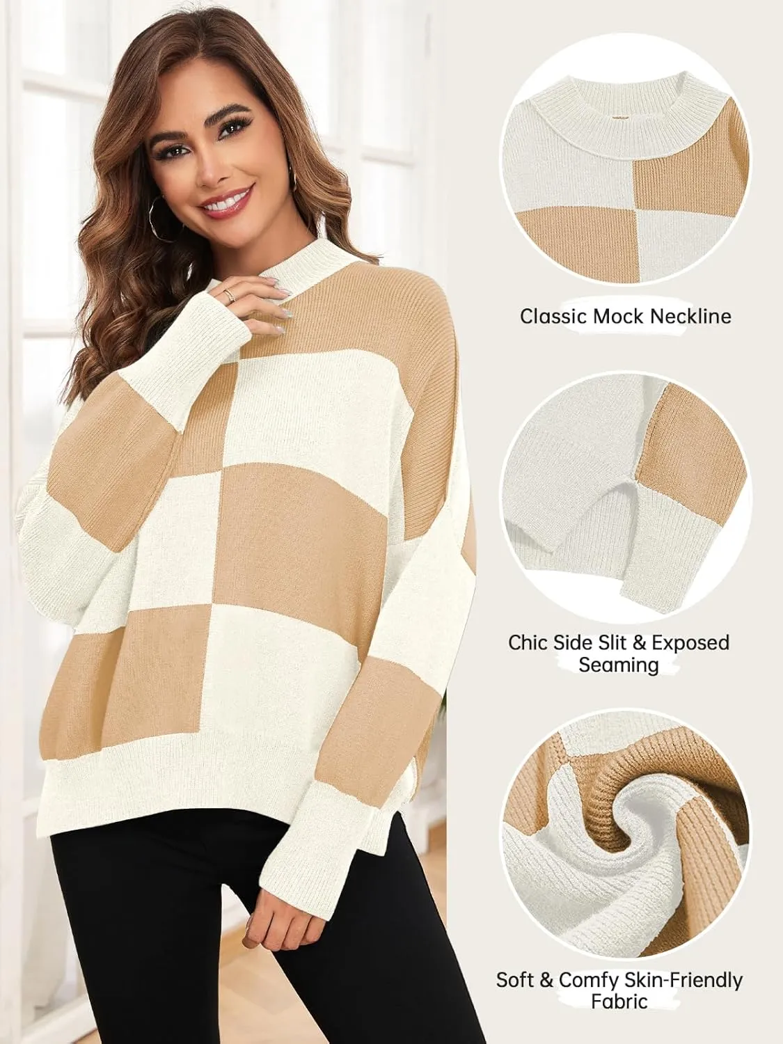 ZAFUL Womens 2024 Trendy Sweater Checkered Oversized Pullover Sweaters Side Slit Cozy Fall Winter Jumper Tops