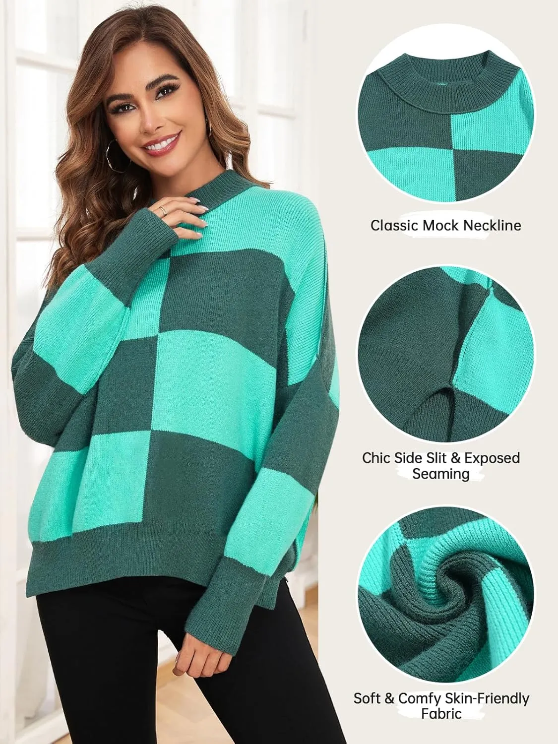 ZAFUL Womens 2024 Trendy Sweater Checkered Oversized Pullover Sweaters Side Slit Cozy Fall Winter Jumper Tops