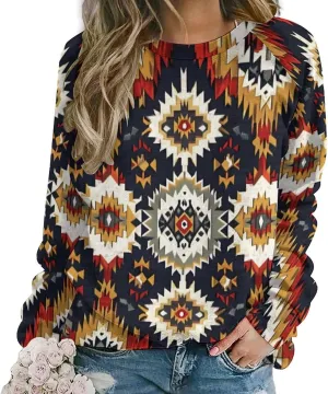 ZOCAVIA Western Aztec Sweatshirts for Women Retro Ethnic Graphic Crewneck Long Sleeve Pullover Tops Fall Casual Country Shirt
