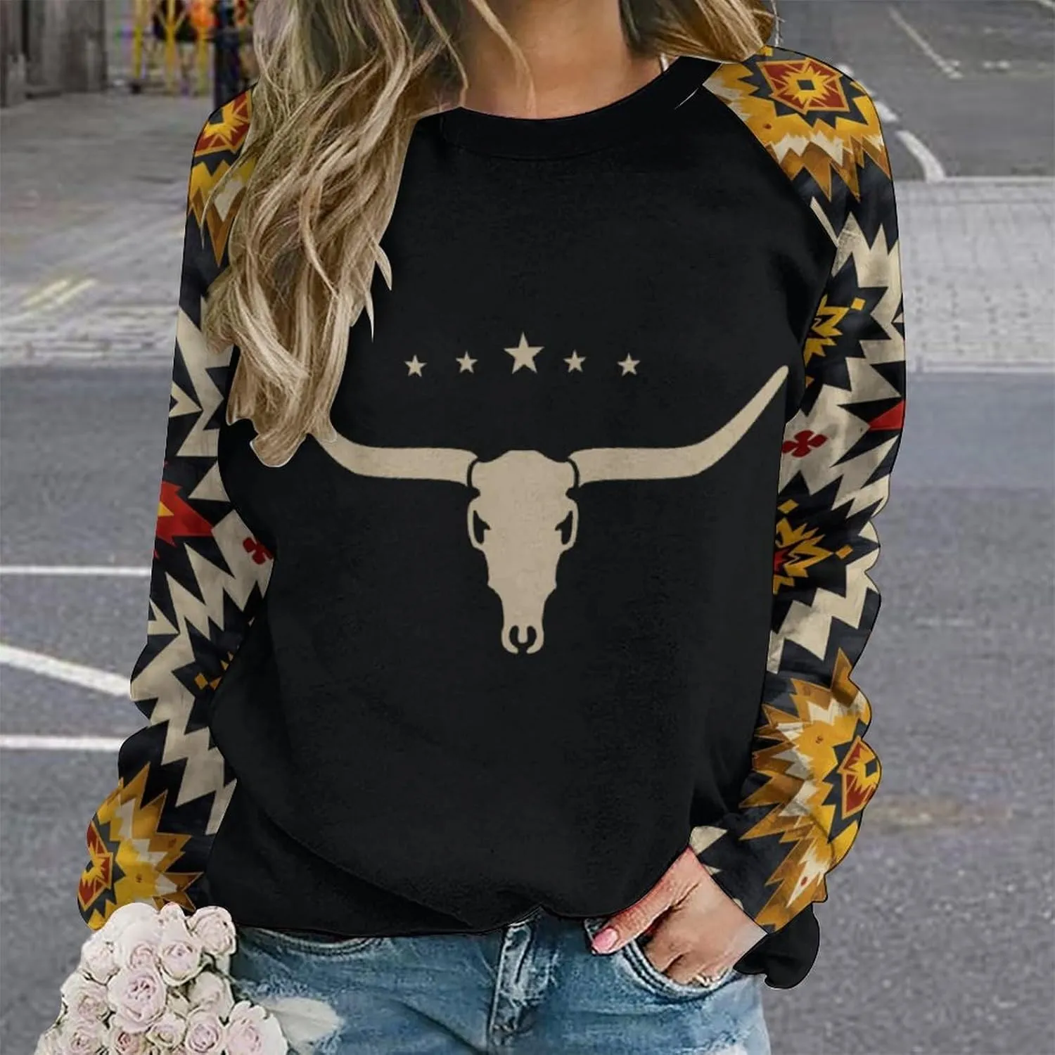 ZOCAVIA Western Aztec Sweatshirts for Women Retro Ethnic Graphic Crewneck Long Sleeve Pullover Tops Fall Casual Country Shirt