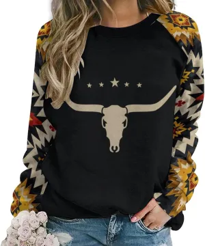 ZOCAVIA Western Aztec Sweatshirts for Women Retro Ethnic Graphic Crewneck Long Sleeve Pullover Tops Fall Casual Country Shirt