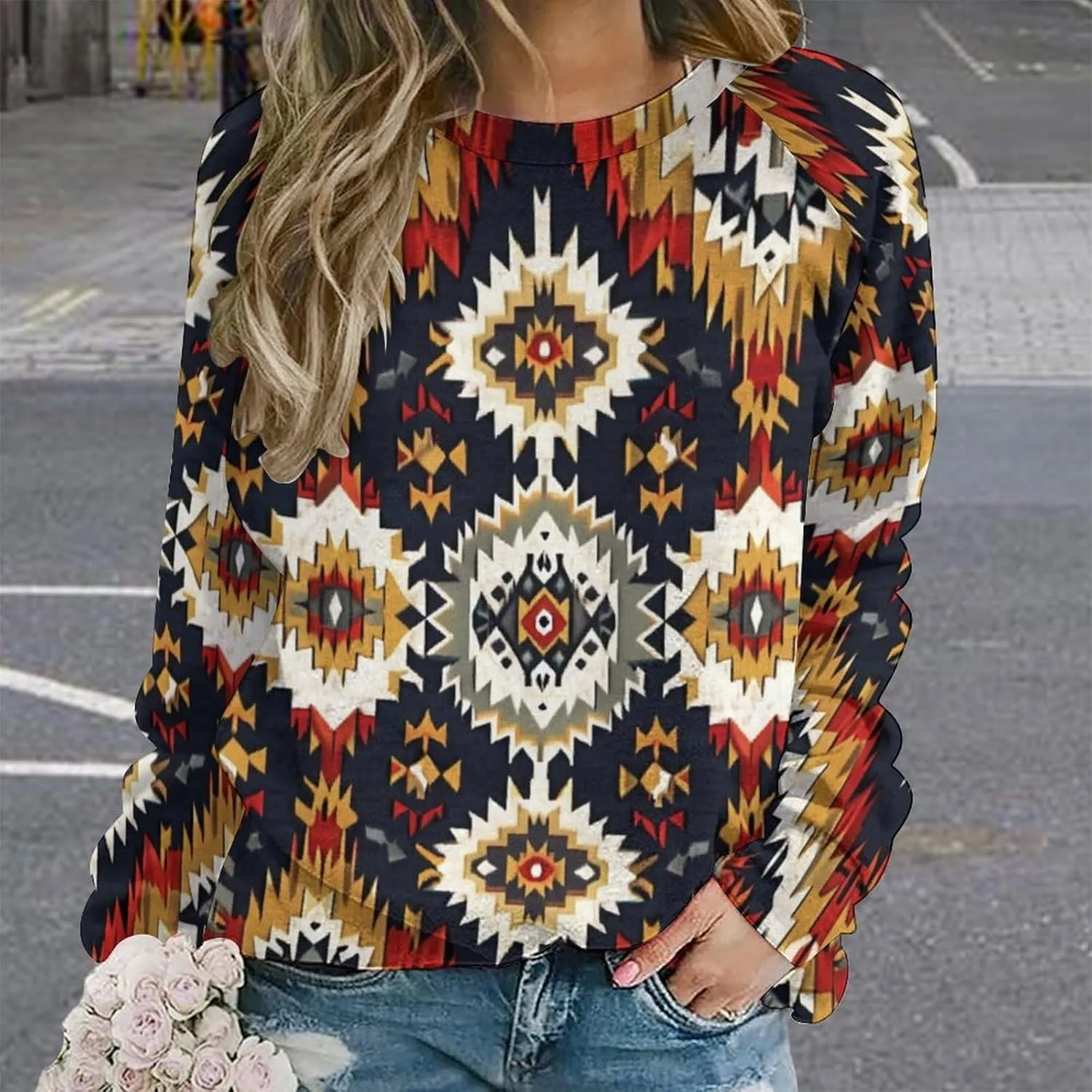 ZOCAVIA Western Aztec Sweatshirts for Women Retro Ethnic Graphic Crewneck Long Sleeve Pullover Tops Fall Casual Country Shirt