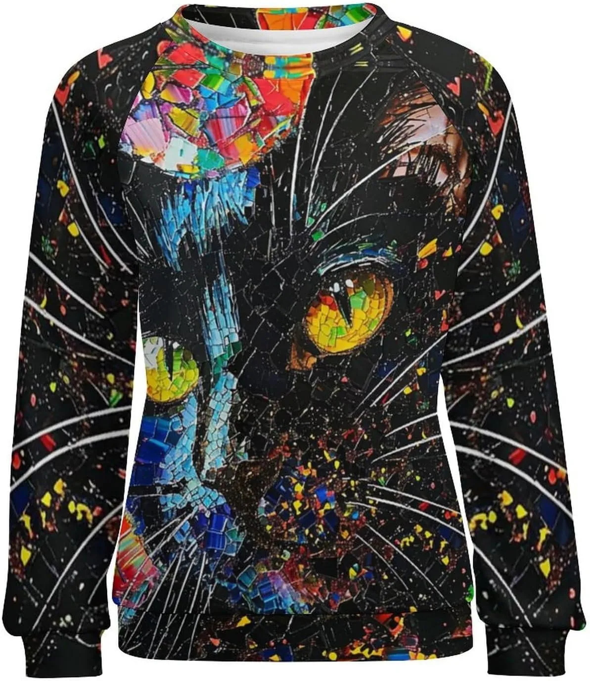 ZOCAVIA Women's Y2K Art Cat Sweatshirts Fall Abstract Graphic Pullover Tops Long Sleeve Oil Painting Cat Printed T Shirts