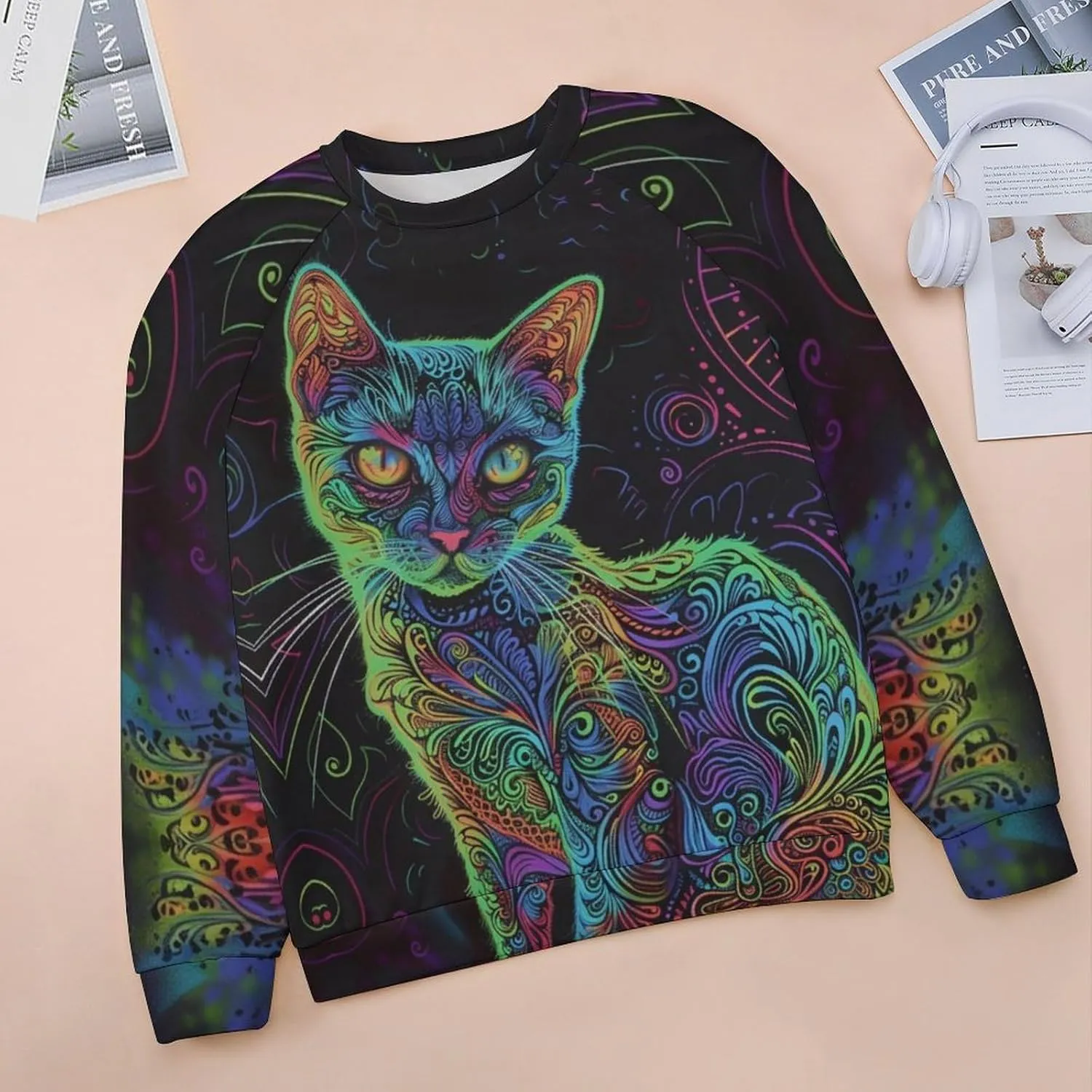 ZOCAVIA Women's Y2K Art Cat Sweatshirts Fall Abstract Graphic Pullover Tops Long Sleeve Oil Painting Cat Printed T Shirts