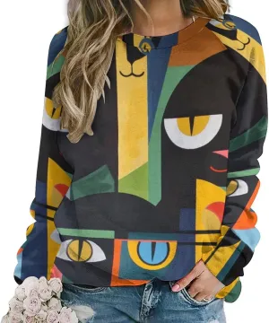 ZOCAVIA Women's Y2K Art Cat Sweatshirts Fall Abstract Graphic Pullover Tops Long Sleeve Oil Painting Cat Printed T Shirts
