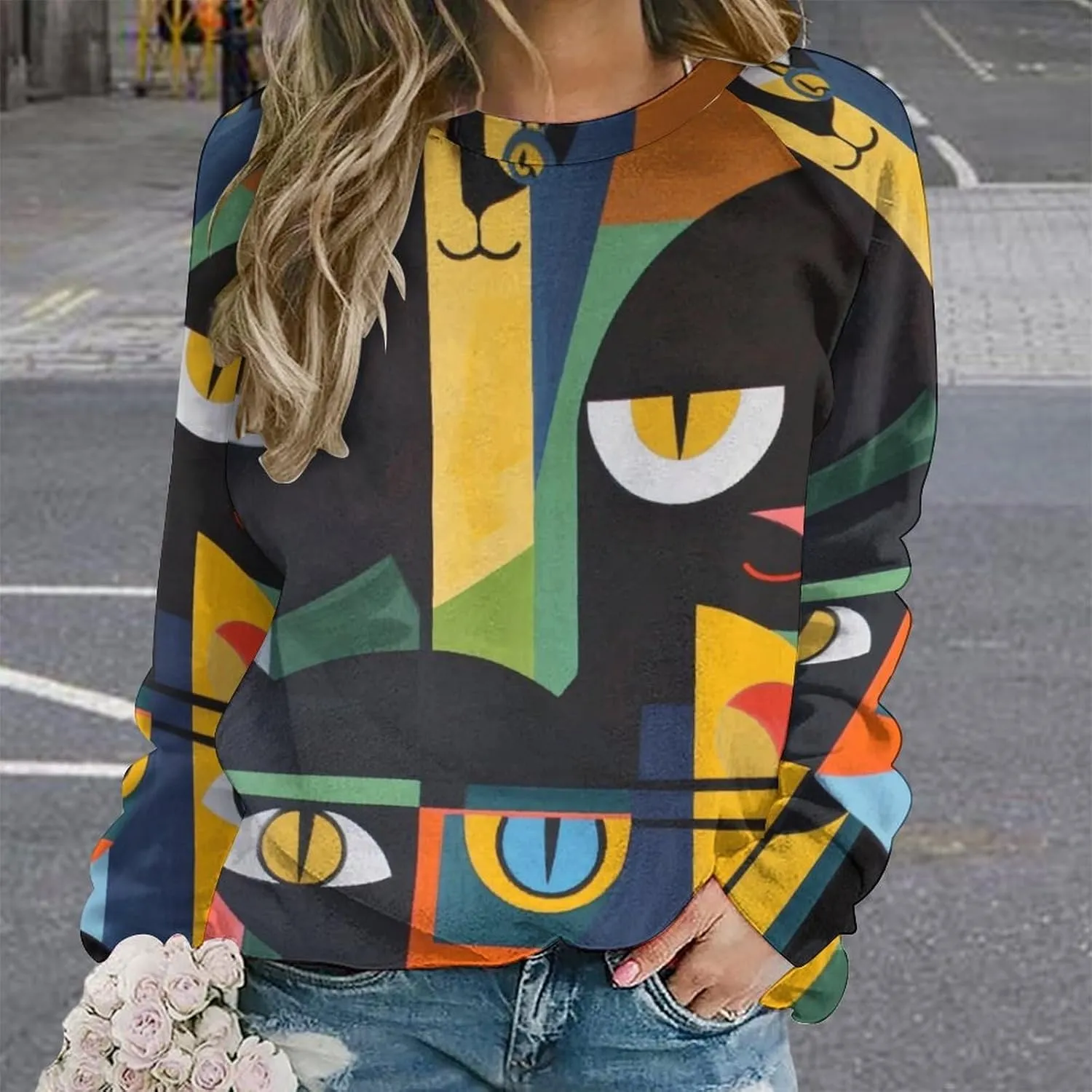 ZOCAVIA Women's Y2K Art Cat Sweatshirts Fall Abstract Graphic Pullover Tops Long Sleeve Oil Painting Cat Printed T Shirts