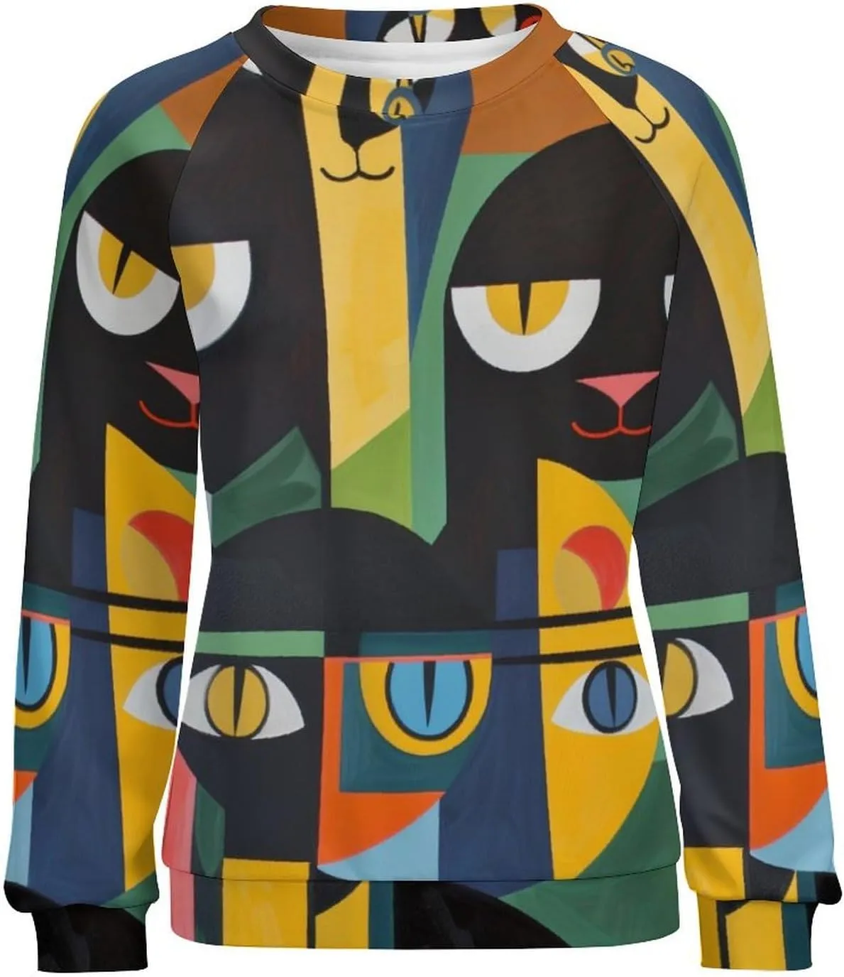 ZOCAVIA Women's Y2K Art Cat Sweatshirts Fall Abstract Graphic Pullover Tops Long Sleeve Oil Painting Cat Printed T Shirts
