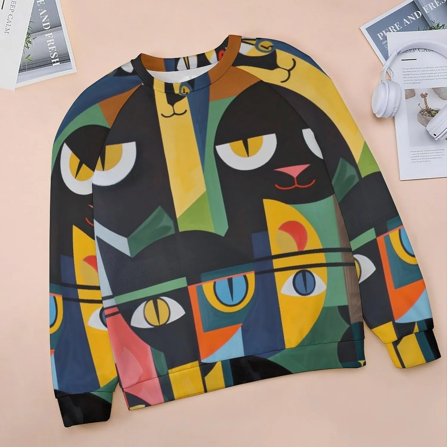 ZOCAVIA Women's Y2K Art Cat Sweatshirts Fall Abstract Graphic Pullover Tops Long Sleeve Oil Painting Cat Printed T Shirts