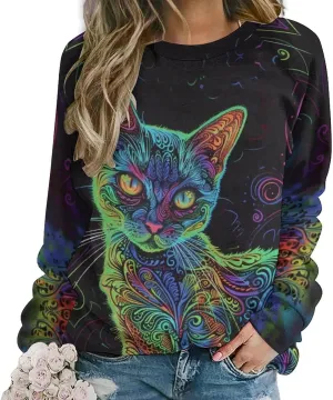 ZOCAVIA Women's Y2K Art Cat Sweatshirts Fall Abstract Graphic Pullover Tops Long Sleeve Oil Painting Cat Printed T Shirts