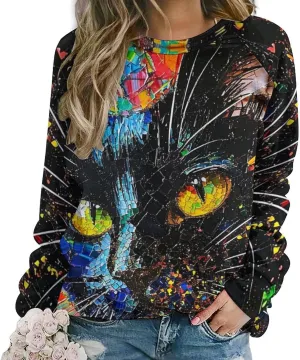 ZOCAVIA Women's Y2K Art Cat Sweatshirts Fall Abstract Graphic Pullover Tops Long Sleeve Oil Painting Cat Printed T Shirts