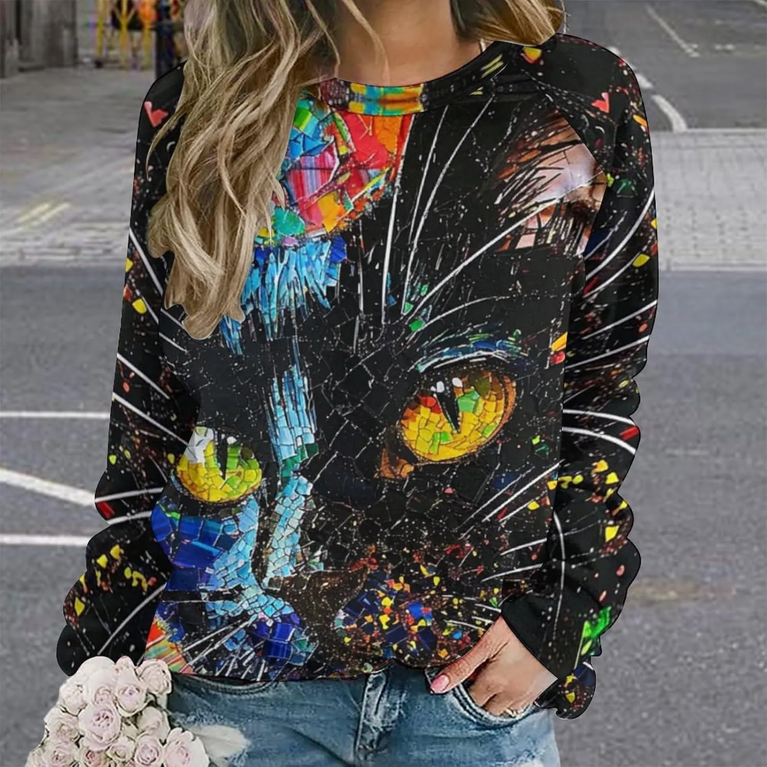 ZOCAVIA Women's Y2K Art Cat Sweatshirts Fall Abstract Graphic Pullover Tops Long Sleeve Oil Painting Cat Printed T Shirts