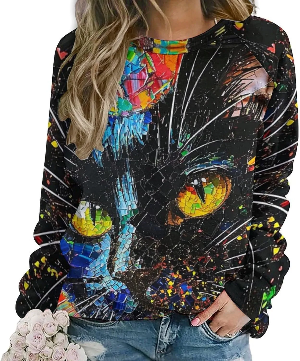 ZOCAVIA Women's Y2K Art Cat Sweatshirts Fall Abstract Graphic Pullover Tops Long Sleeve Oil Painting Cat Printed T Shirts